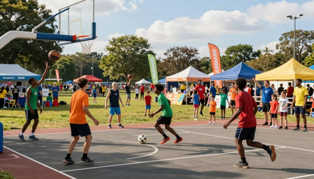 A vibrant multi-sport festival scene unfolding in an expansive outdoor park. In the foreground, athletes of diverse backgrounds engage in various sports: a basketball player making a slam dunk, a soccer player dribbling the ball, and a runner sprinting past, all wearing colorful sports attire. In the middle ground, families and spectators cheer enthusiastically, creating a lively and inclusive atmosphere. Colorful banners and tents decorate the area, promoting different sports and activities. The background features green trees and a bright blue sky, with soft, warm sunlight casting dynamic shadows on the field. The composition is taken from a slightly elevated angle, capturing the excitement and energy of the event while highlighting the sense of community and collaboration among participants.