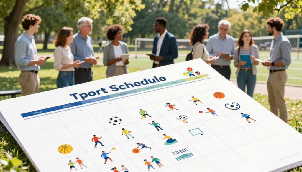 A visually engaging community sports schedule displayed in a vibrant and organized format. In the foreground, include a detailed calendar page filled with colorful icons representing various sports—soccer, basketball, tennis—along with small friendly illustrations of families and individuals engaged in these activities. In the middle ground, various community members of diverse backgrounds casually discuss the schedule, dressed in professional business attire or modest casual clothing. The background features a sunny park setting with lush green trees and an open sports field, enhancing the lively atmosphere. Bright natural lighting casts soft shadows, giving depth to the scene, while a slight tilt-angle view adds dynamism and invites viewers into the community-focused landscape. The overall mood is energetic and inviting, promoting community engagement in local sports events.
