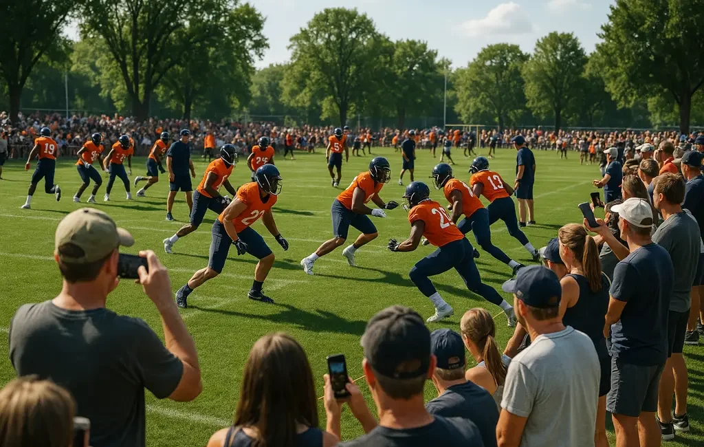 Fans watch Broncos Training Camp from shaded bleachers beside outdoor practice fields