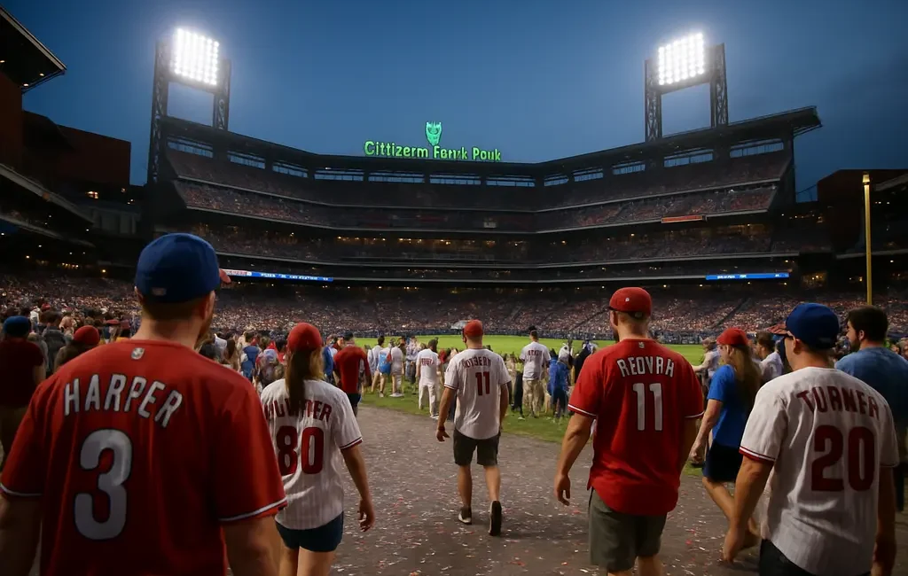 Citizens Bank Park exterior with fans arriving for a summer baseball showcase
