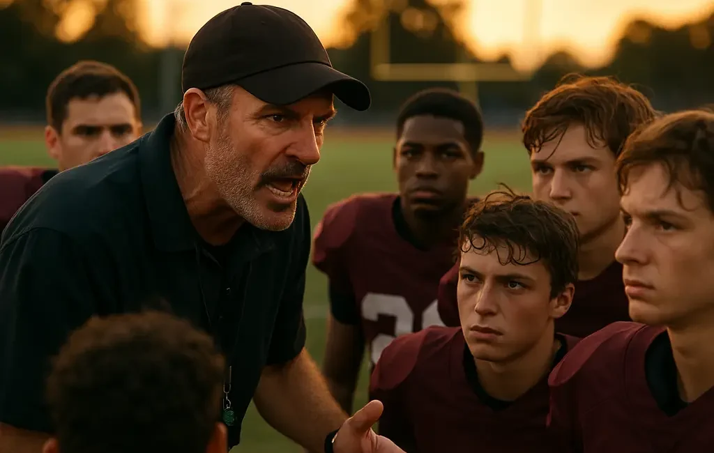 Class 4A Coaching staff members discuss practice plans on a Georgia football field