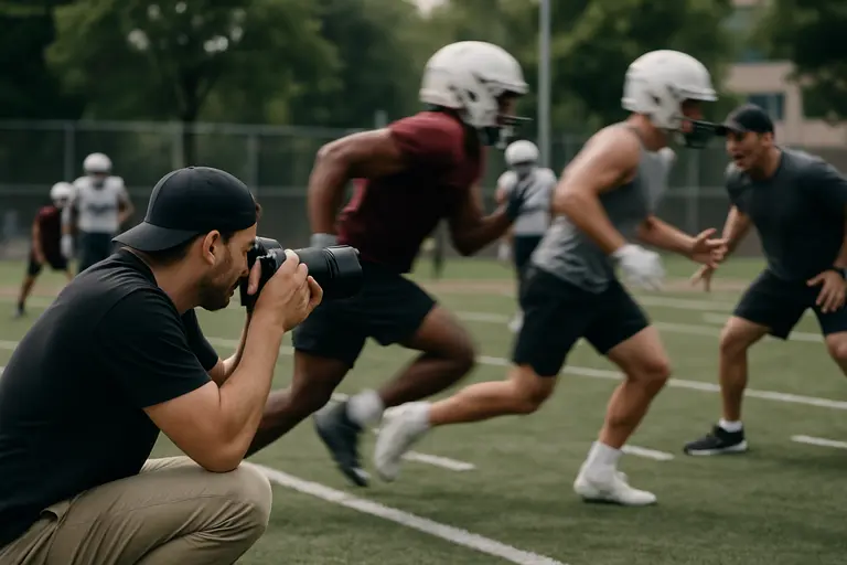 Football players run drills while coaches observe from the sideline