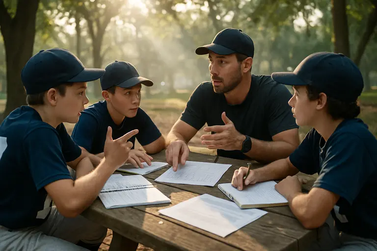 Youth baseball coach speaking with players beside a dugout