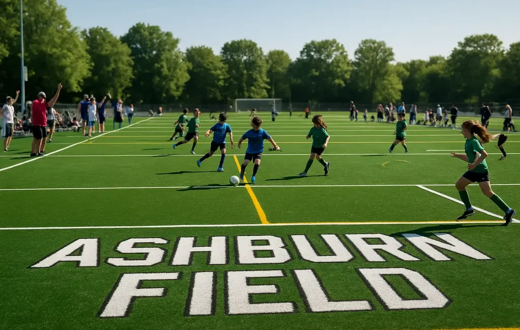 Ashburn Field Renovations with youth baseball players on synthetic turf in a city park