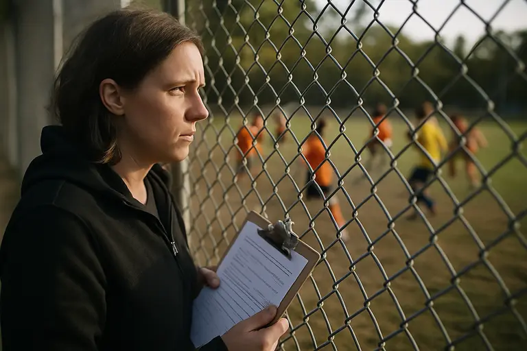 Parent and young athlete reviewing sports fees at a registration table