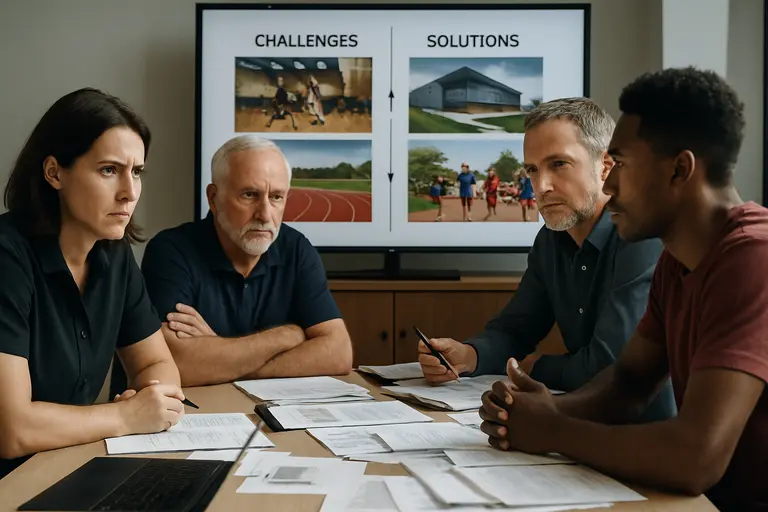 Broadcast staff reviewing screens and notes before a college sports event