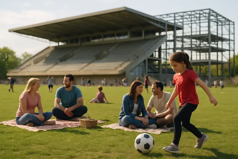 College stadium seating overlooking a field prepared for community sports events