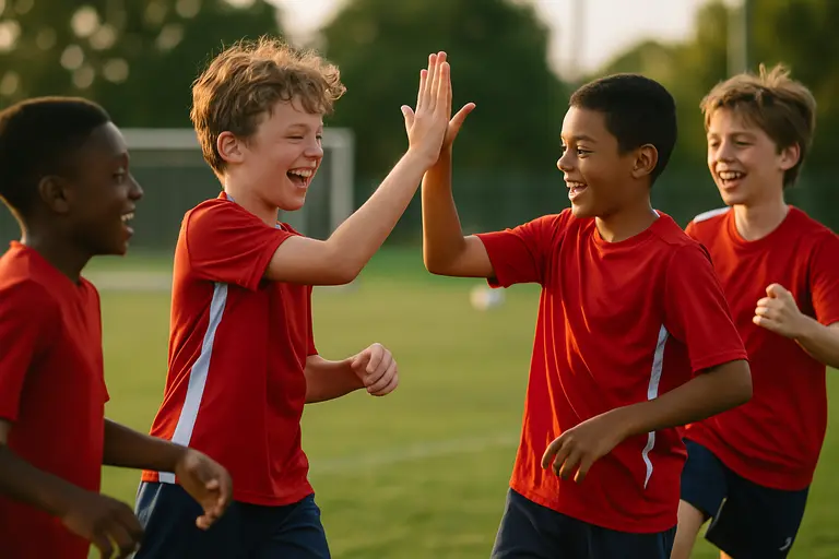 Young soccer players training near senior team practice fields