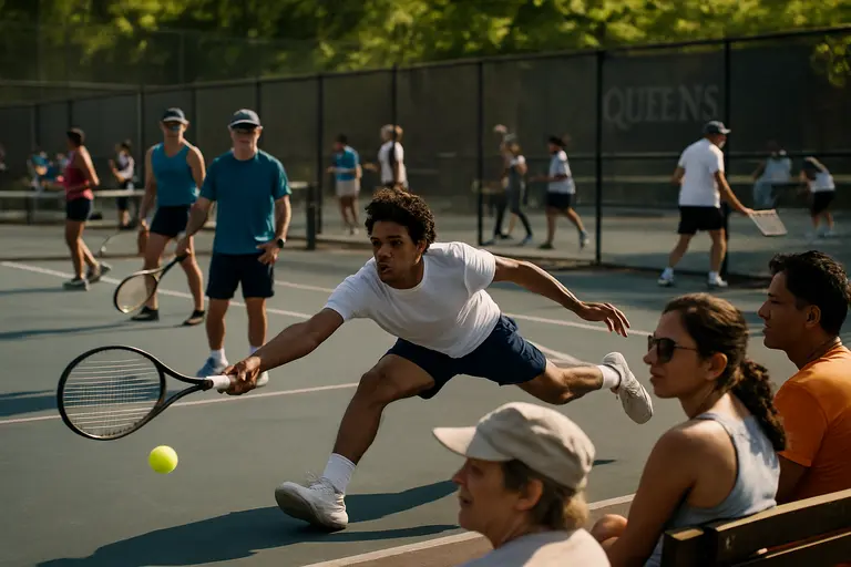 Neighborhood tennis courts in Queens with players practicing baseline rallies
