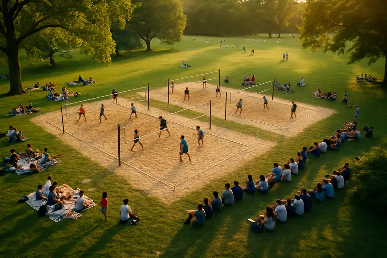 Urban beach volleyball court with spectators near park trees