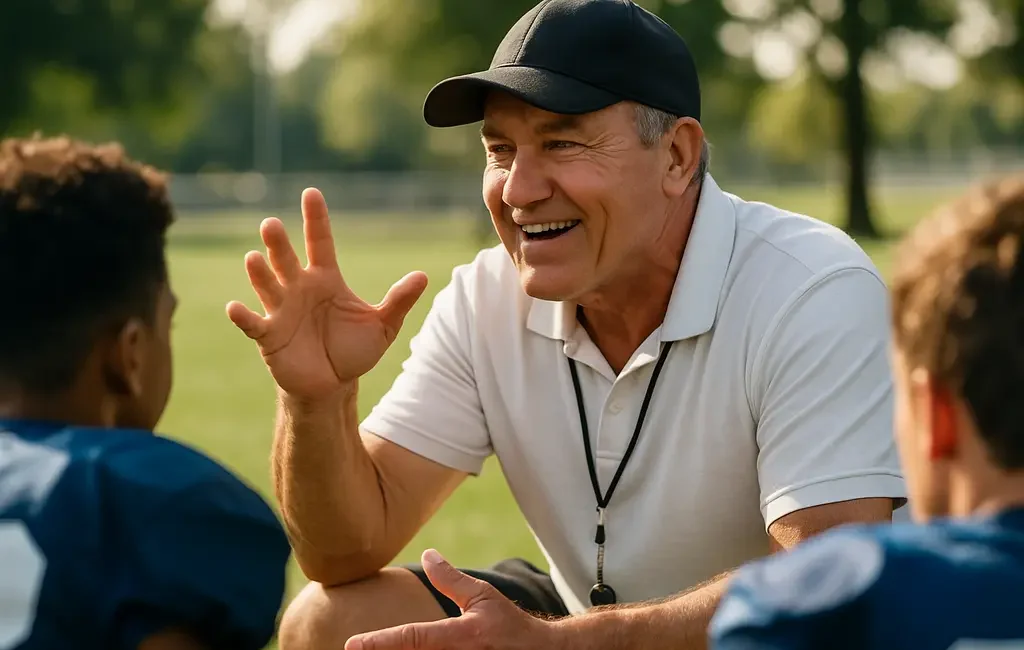 USA Football leadership meeting with youth coaches on a practice field