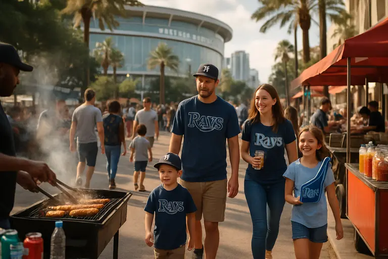 Visitors walking near a baseball venue before an evening event