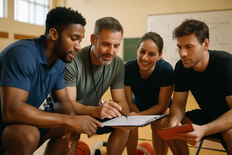Volunteer coaches reviewing a practice schedule beside a youth soccer field