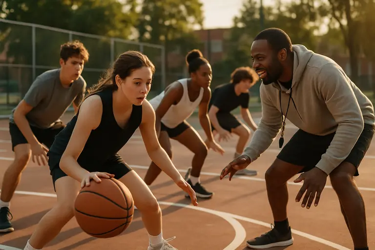 Youth athletes training on indoor courts with coaches nearby