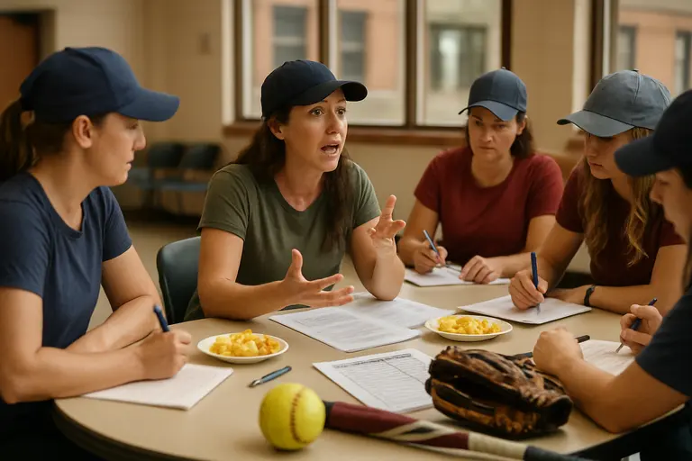 A coach guiding a youth softball hitter during a community clinic