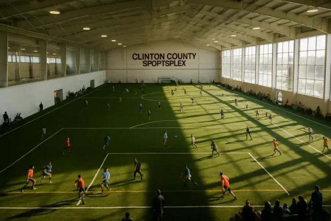 Clinton County Sportsplex indoor courts with youth athletes practicing basketball and volleyball