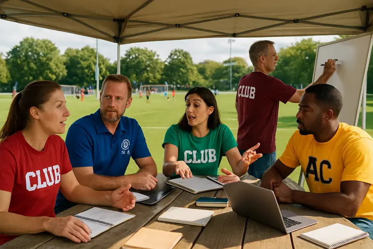 Club staff review schedules and equipment beside cones and balls