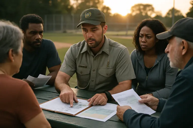 Coach reviewing a field schedule with parents near a park pavilion