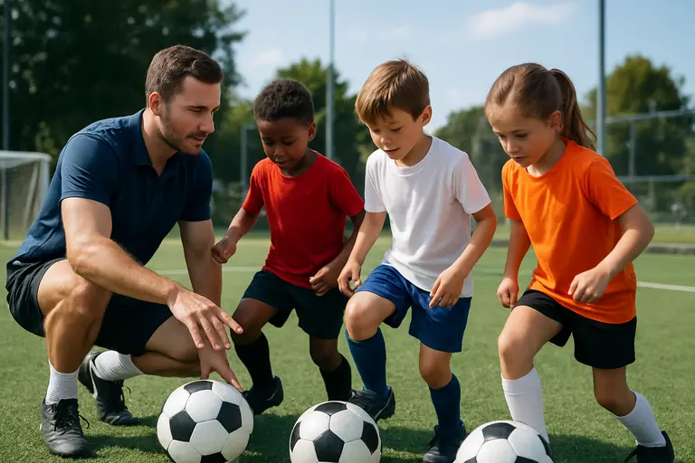Coach speaking to youth soccer players during a break between tournament matches