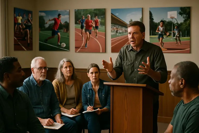 Community board meeting with sports facility plans on a table