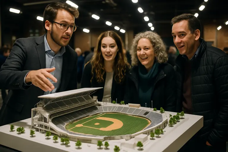 Construction planning meeting with stadium drawings and transit maps