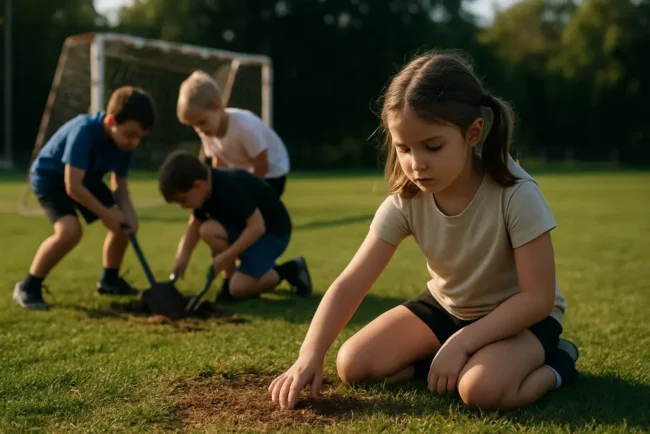 Youth soccer players near a closed field gate showing field maintenance shortages