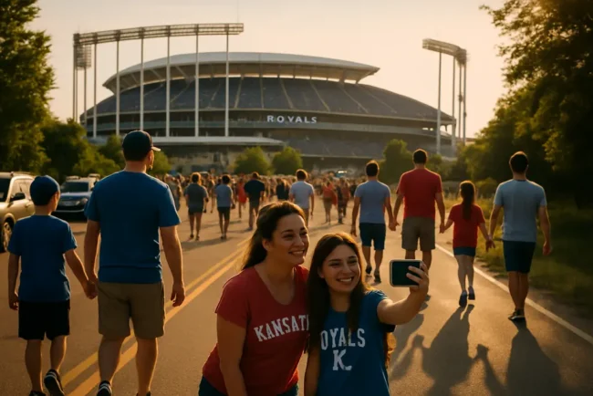 Kansas City stadium district concept with fans walking near a modern ballpark