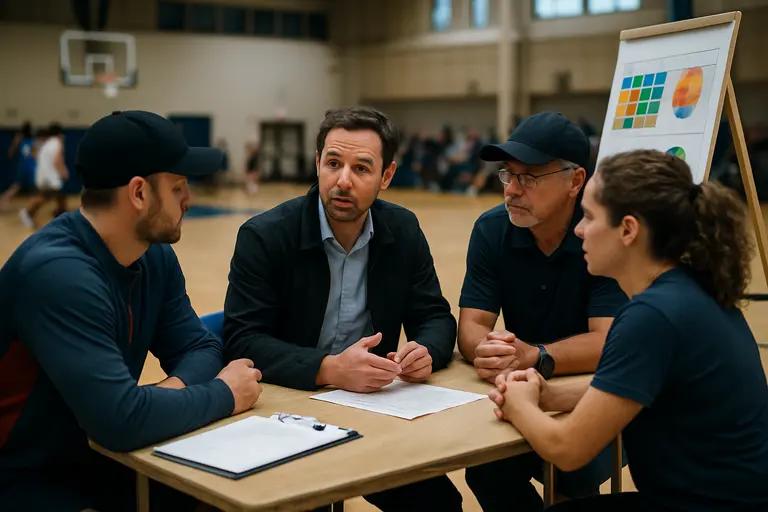 Parents and coaches reviewing a practice schedule near indoor courts