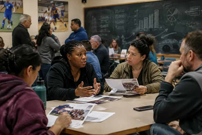 Recreation staff reviewing schedules and equipment in a youth sports office