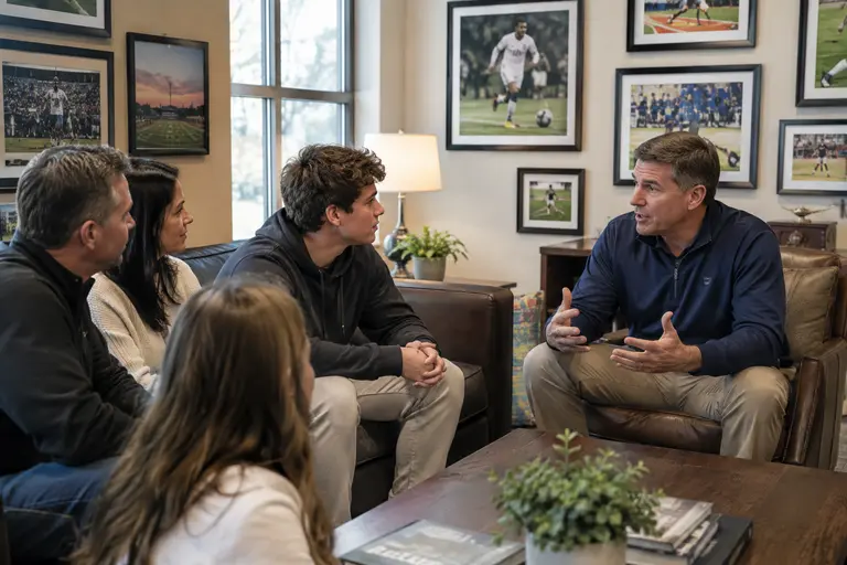 Recruit and coach discussing college roster options at a gym table