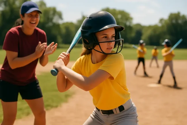 Rochester Youth Softball players practicing indoor hitting during a winter clinic