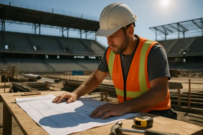 stadium renovation delay at a high school football field with construction barriers near the stands