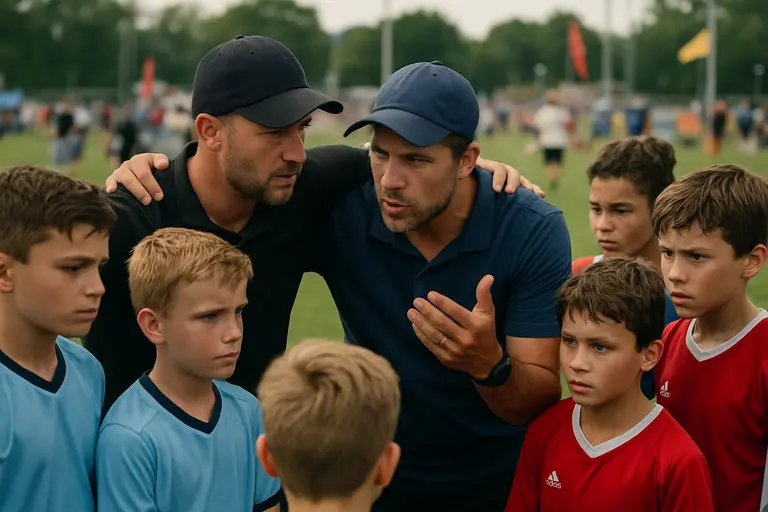 Volunteer coaches meeting with parents beside a youth practice session