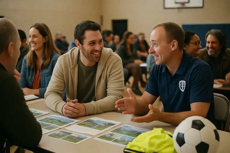 Youth coach reviewing notes with players at the edge of a soccer field