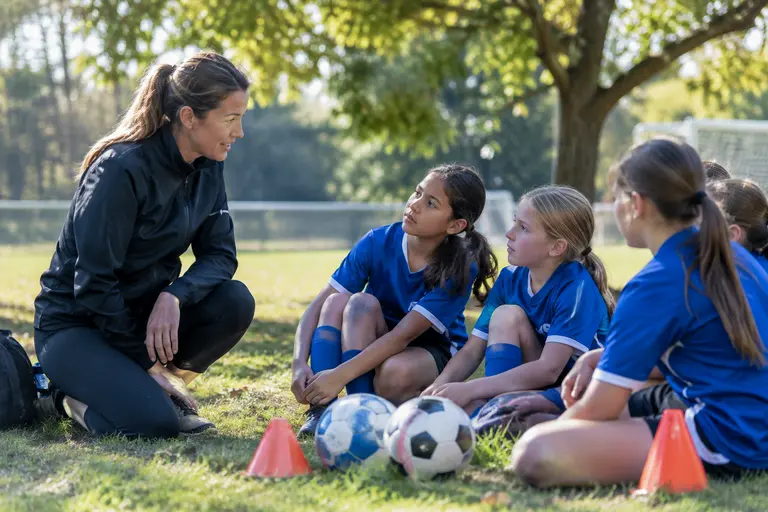 Youth coach speaking to players before a structured training drill
