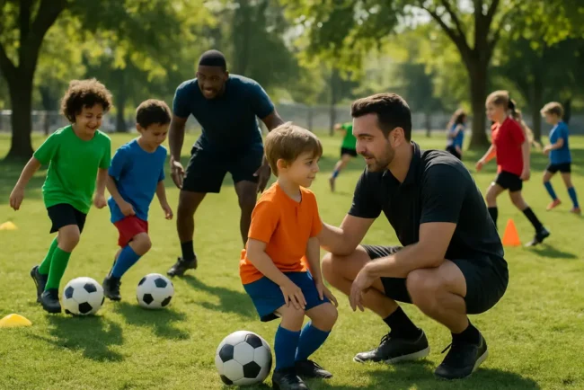 Youth sports growth shown by young athletes practicing with coaches on a community field