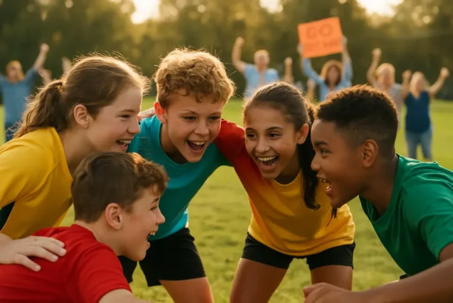 Youth team sports players practice drills with coaches on a community field